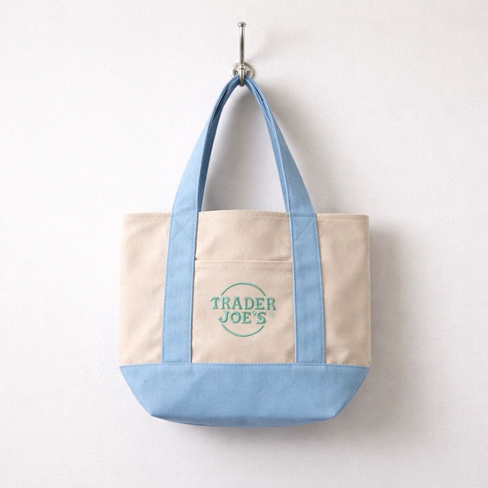 Trader Joe’s Limited Edition Mini Canvas Tote Blue Embroidered Bag, New